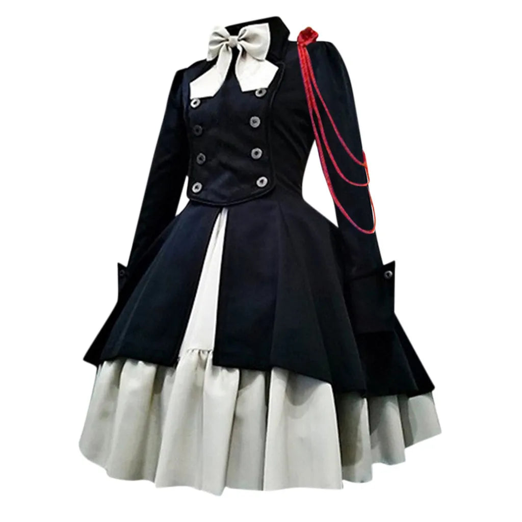 Black Gothic-Inspired Coat Dress with Cream Layered Skirt and Red Shoulder Detail