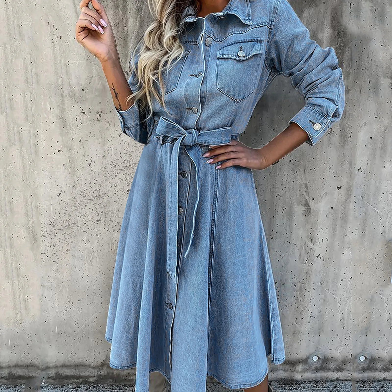 Women's Denim Shirt Midi Dress with Long Sleeves, Tie Waist and Relaxed A-Line Silhouette