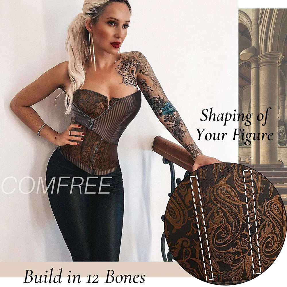 Vintage Brocade Corset Top with Buckle Accents and Lace-Up Back Design