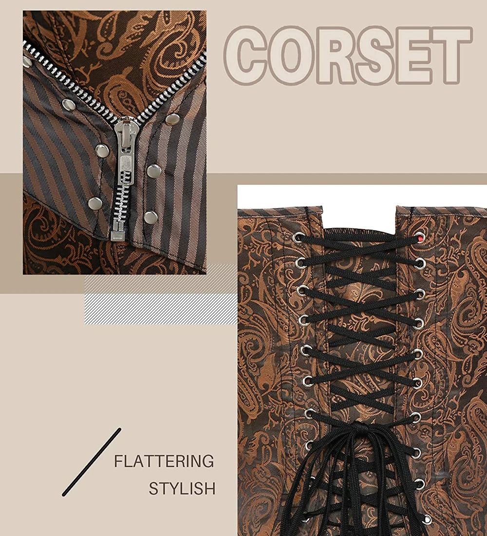 Vintage Brocade Corset Top with Buckle Accents and Lace-Up Back Design
