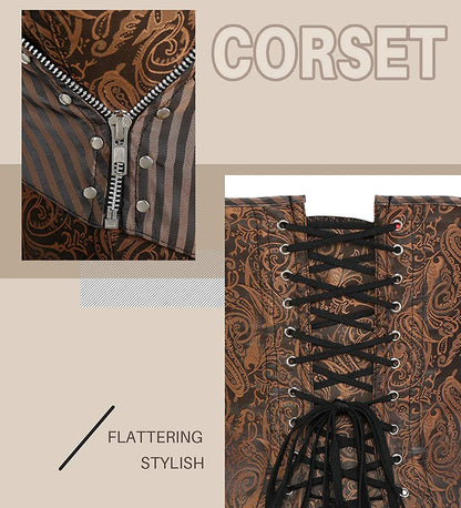 Vintage Brocade Corset Top with Buckle Accents and Lace-Up Back Design