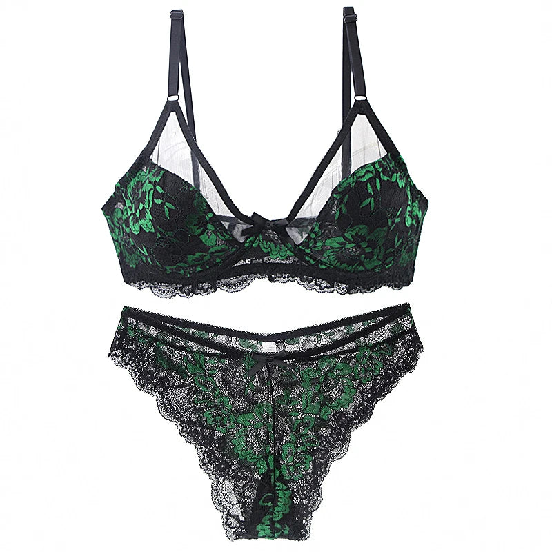 Emerald Green and Black Floral Lace Underwire Bra and Panty Set with Strappy Accents