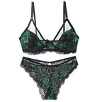 Emerald Green and Black Floral Lace Underwire Bra and Panty Set with Strappy Accents