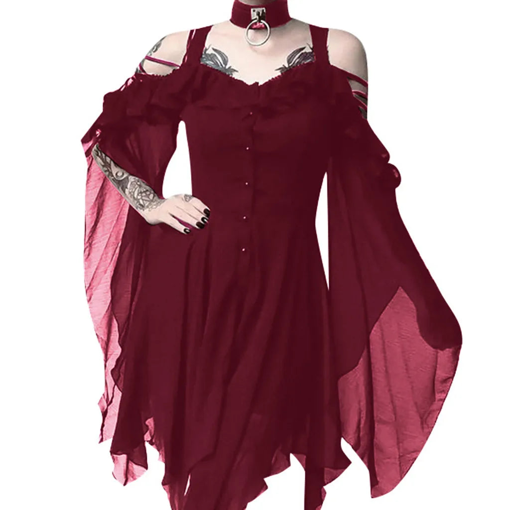 Dark Romantic Off-the-Shoulder Gothic Midi Dress with Dramatic Flowing Sleeves
