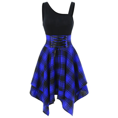 Plaid Handkerchief Hem Mini Dress with Sleeveless Bodice and Retro Styling