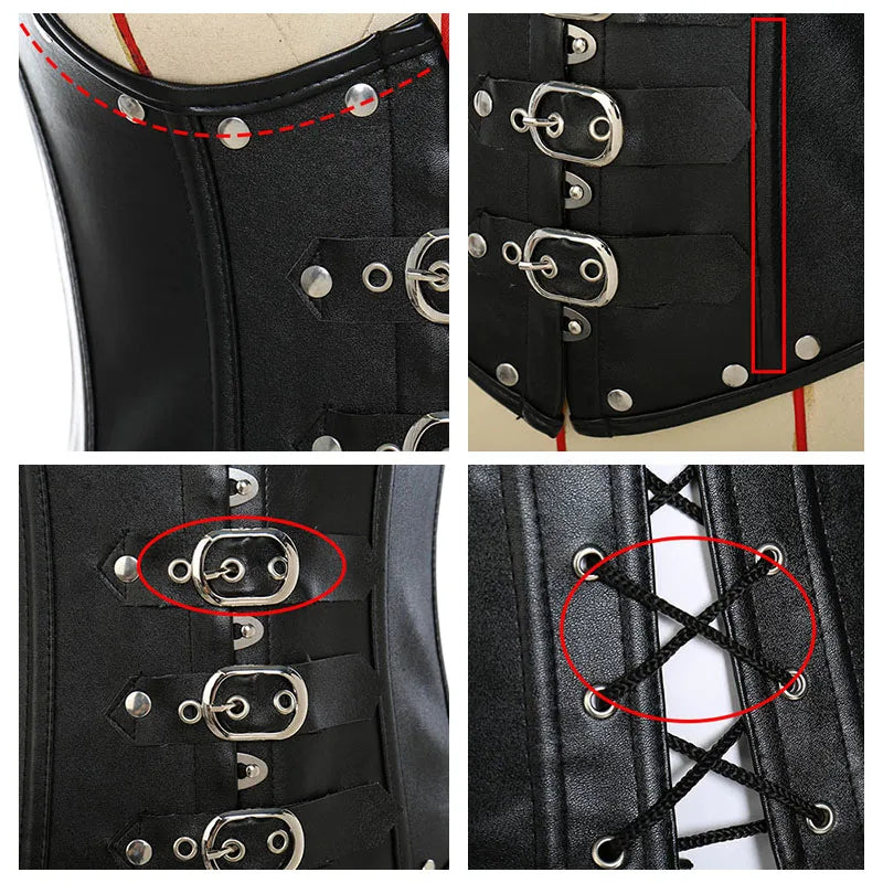 Edgy Black Faux Leather Underbust Harness Corset with Garter Straps