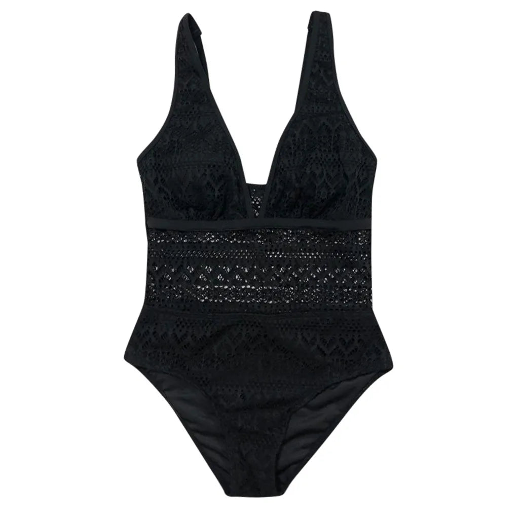 Black Ruched One-Piece Swimsuit with Deep V-Neck, Contrast Trim and Sleek Shaping-Inspired Silhouette