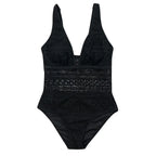 Black Ruched One-Piece Swimsuit with Deep V-Neck, Contrast Trim and Sleek Shaping-Inspired Silhouette