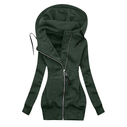 Women's Long Hooded Zip Jacket with Slim Fit Everyday Streetwear Layering Design
