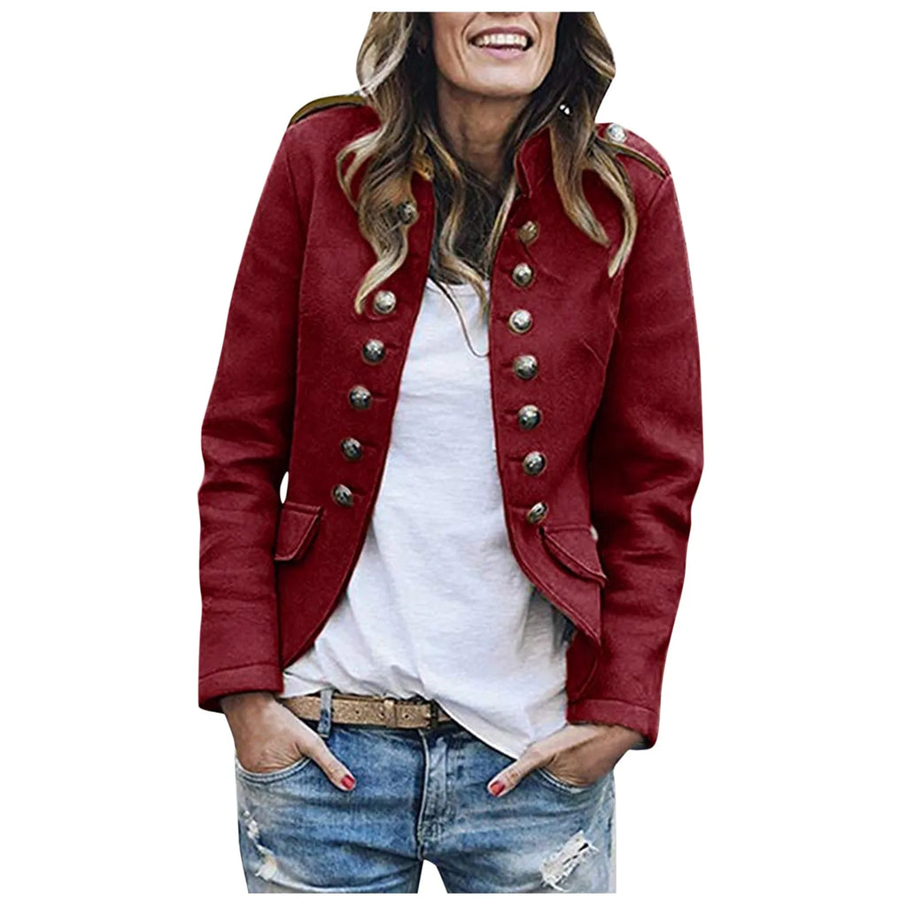 Women's Double Breasted Button Jacket Tailored Casual Layering Coat with Functional Pocket Design