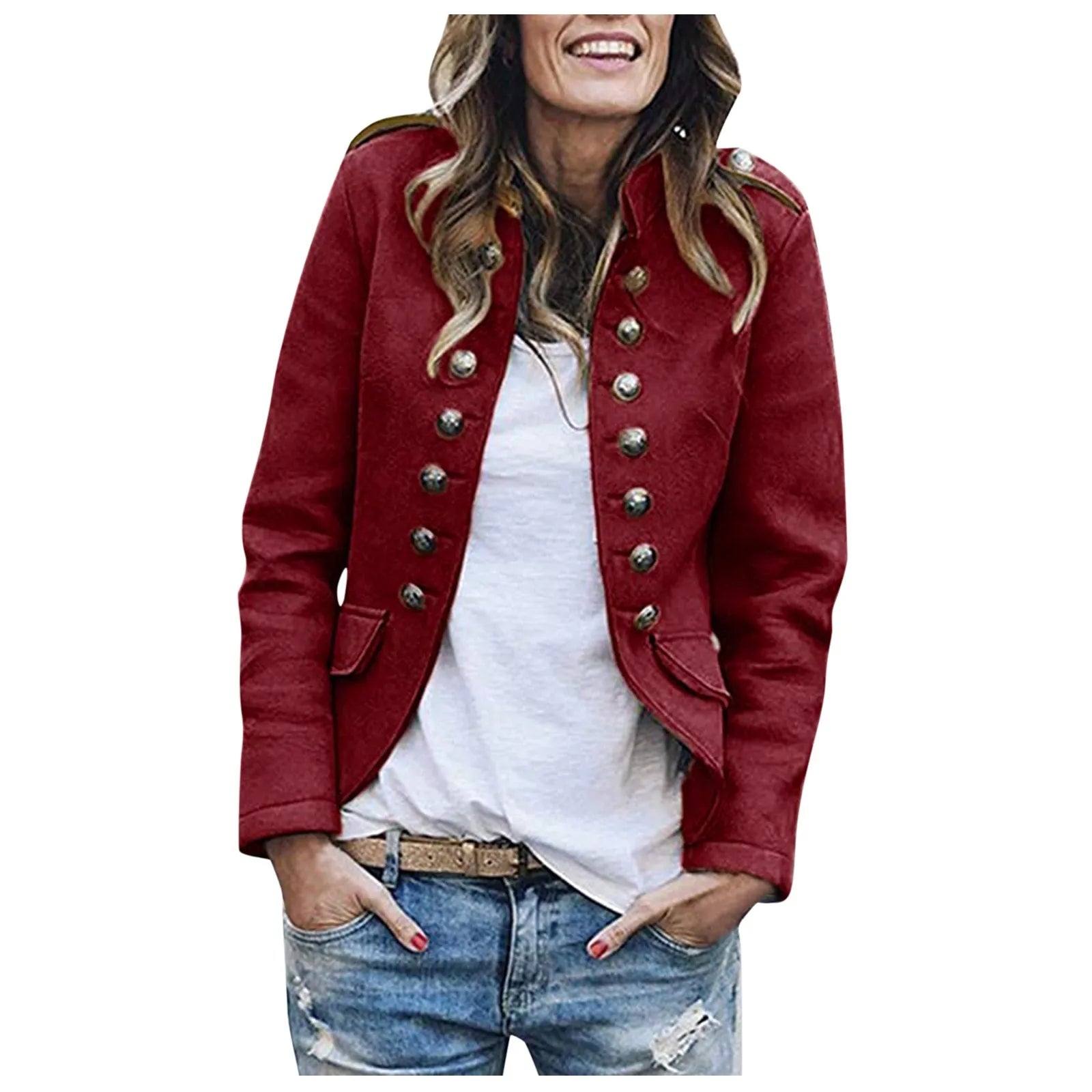 Women's Double Breasted Button Jacket Tailored Casual Layering Coat with Functional Pocket Design