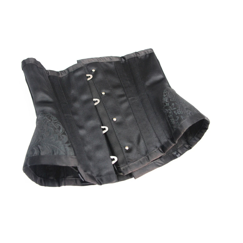 Classic Black Underbust Corset with Metal Busk and Floral Jacquard Panels