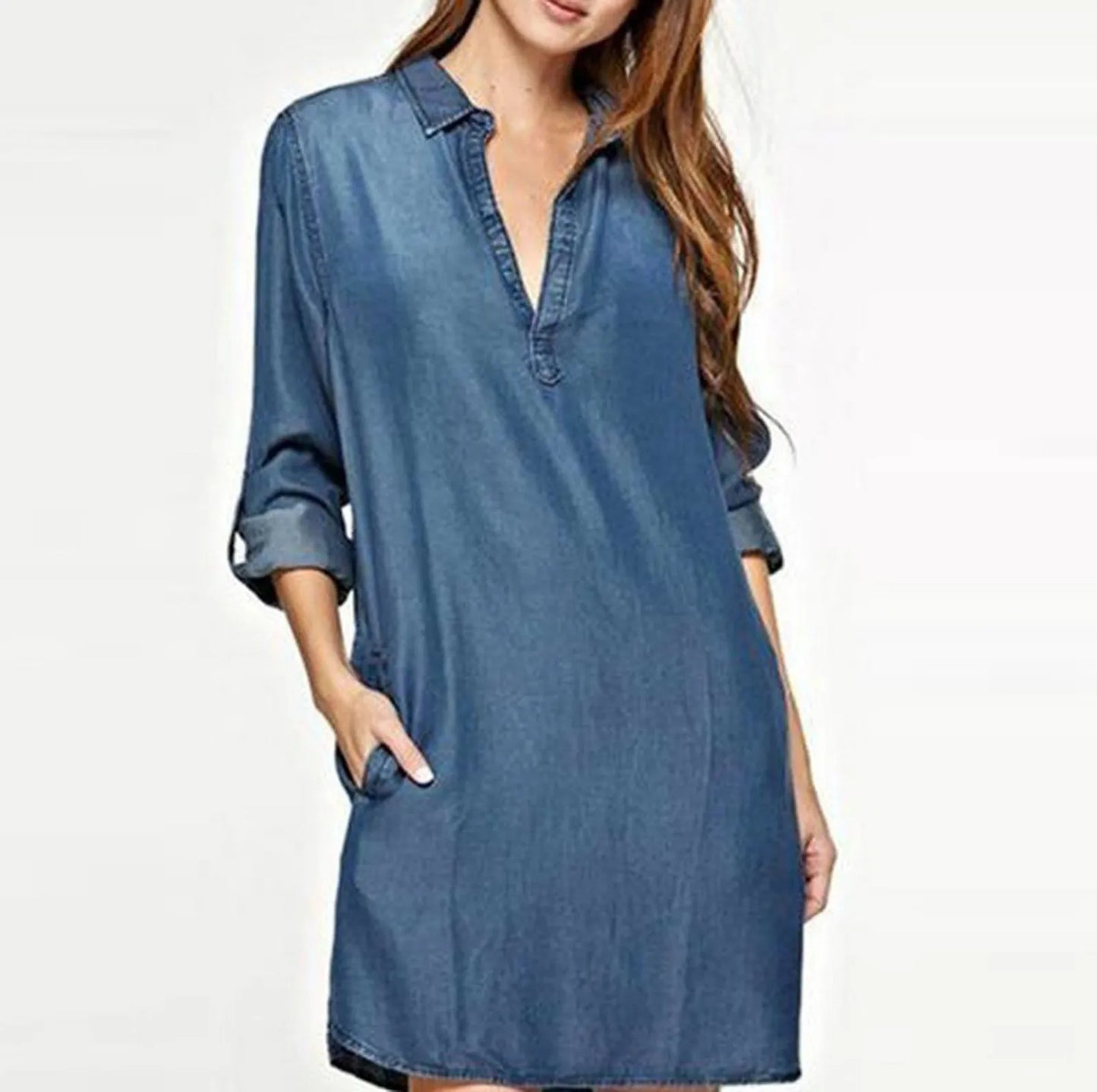 Relaxed Denim Inspired Shirt Mini Dress with V Neck and Long Sleeves