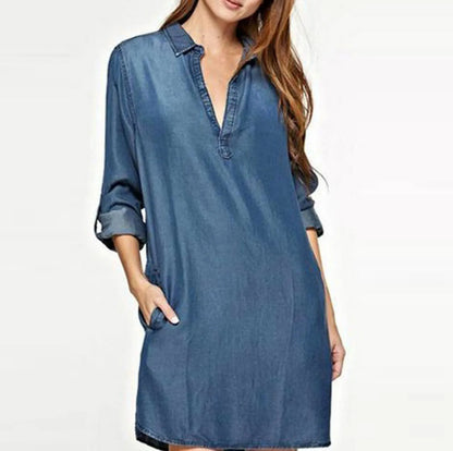 Relaxed Denim Inspired Shirt Mini Dress with V Neck and Long Sleeves