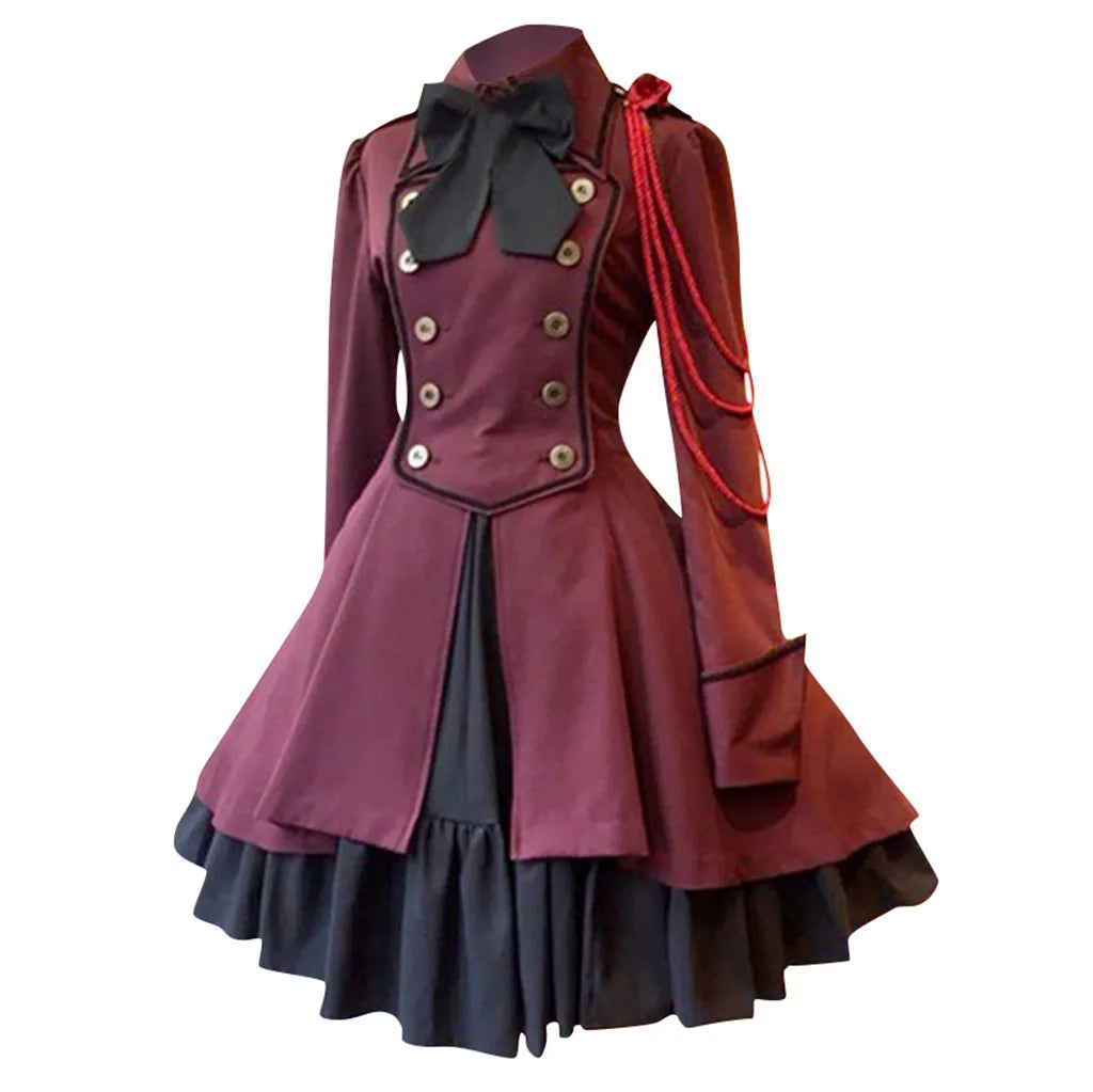 Black Gothic-Inspired Coat Dress with Cream Layered Skirt and Red Shoulder Detail