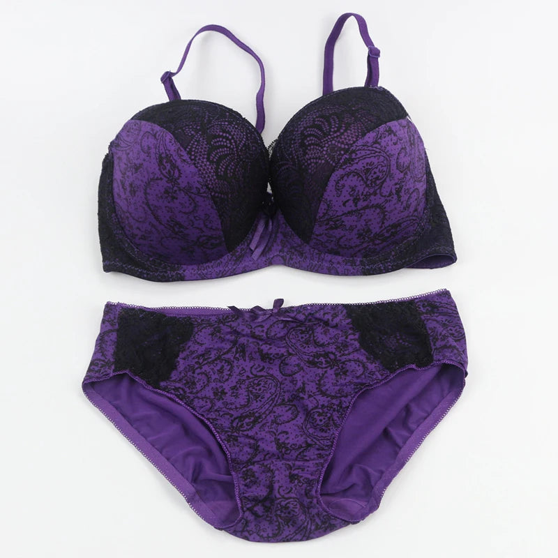 Bold Crimson and Black Floral Lace Push-Up Bra and Panty Set