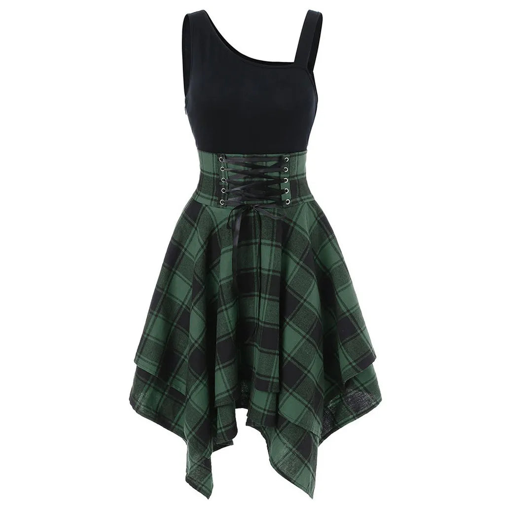 Plaid Handkerchief Hem Mini Dress with Sleeveless Bodice and Retro Styling