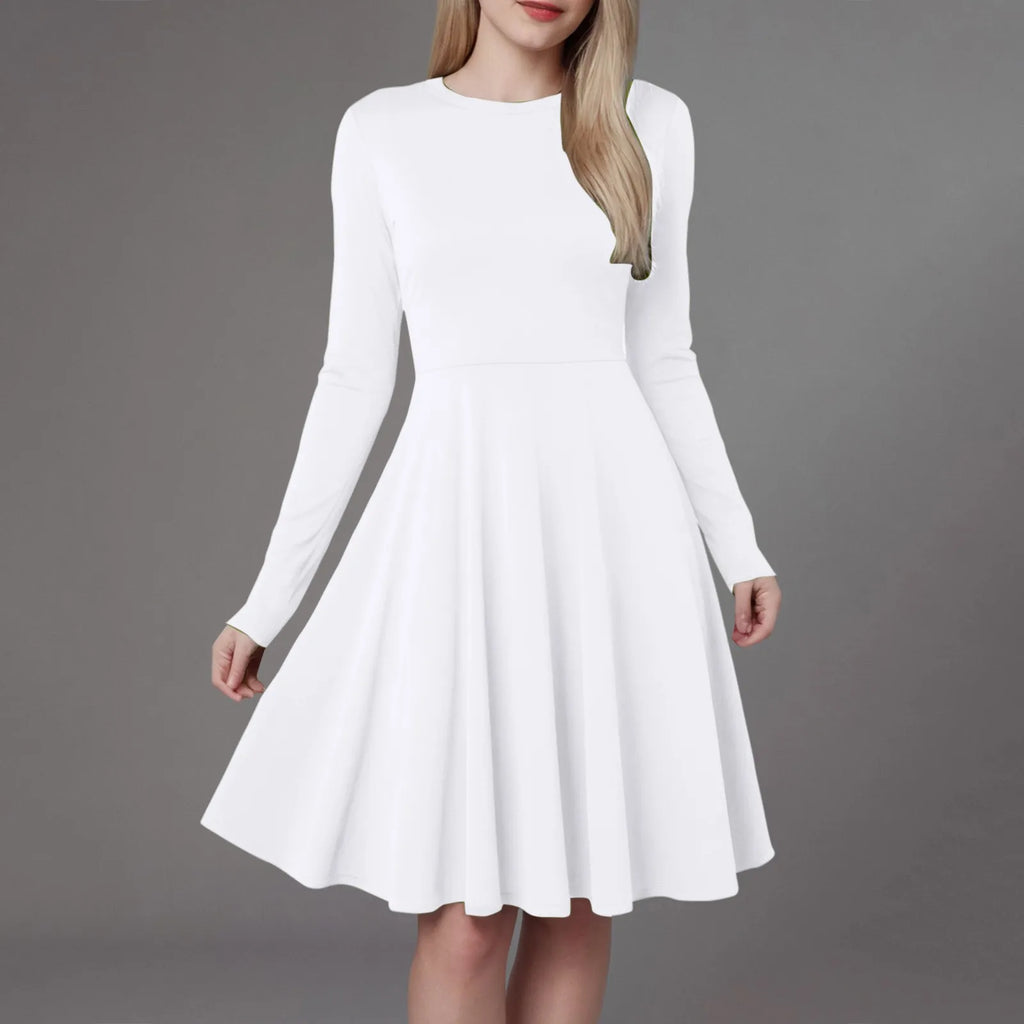 Elegant Solid Color Long-Sleeve A-Line Dress with High Waistline