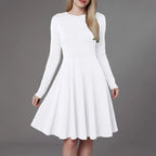 Elegant Solid Color Long-Sleeve A-Line Dress with High Waistline