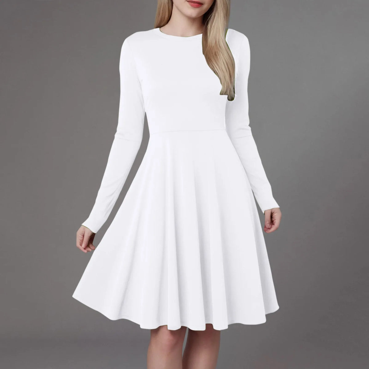 Elegant Solid Color Long-Sleeve A-Line Dress with High Waistline