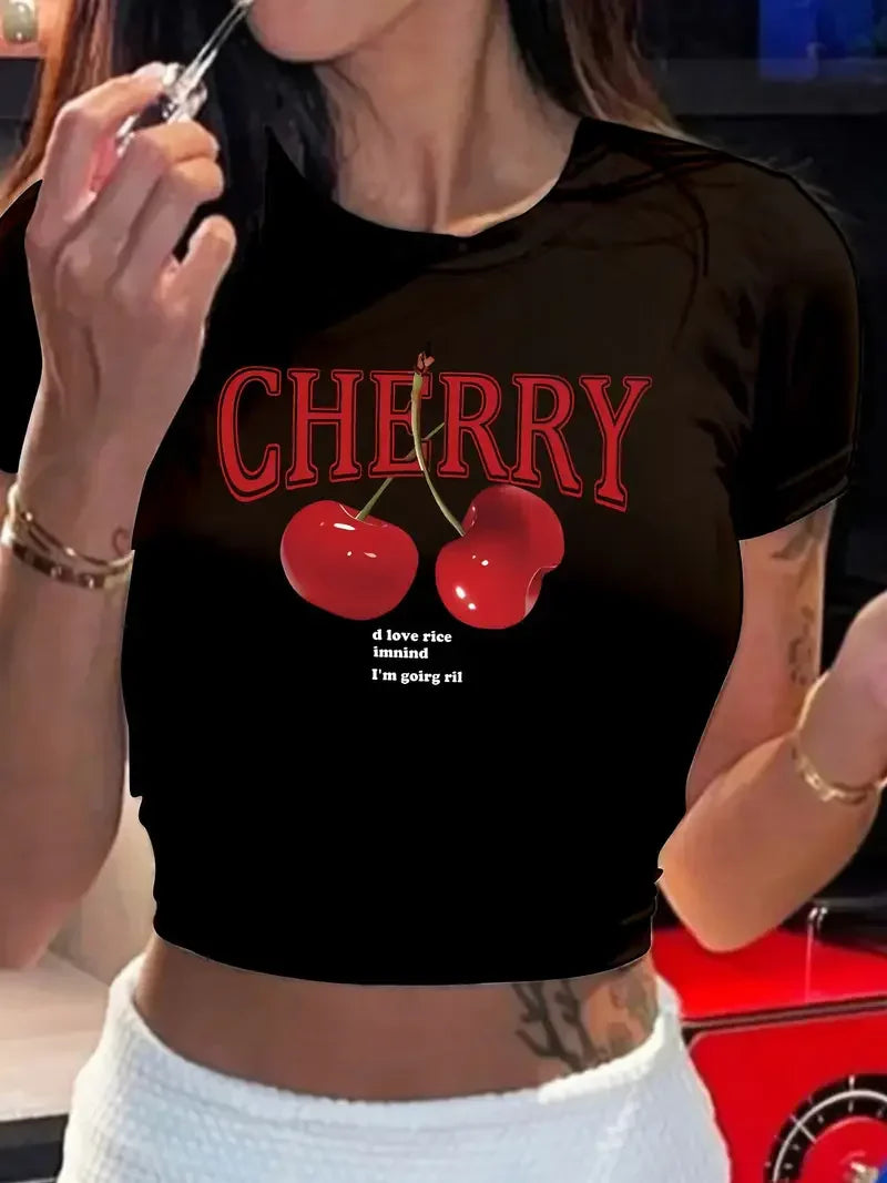 Women's Cherry Graphic Baby Crop Top for Casual Y2K Streetwear Everyday Fashion Style