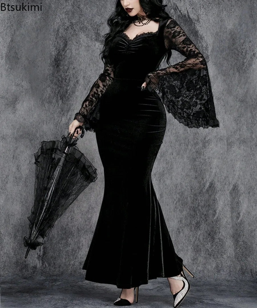 Velvet Gothic Mermaid Dress with Lace Sleeves and Dark Elegance