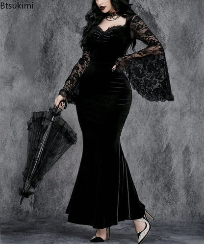 Velvet Gothic Mermaid Dress with Lace Sleeves and Dark Elegance