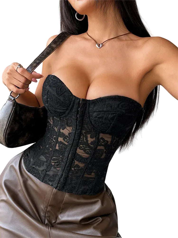 Romantic Light Pink Sheer Lace Strapless Corset with Floral Embroidery and Tie Detailing
