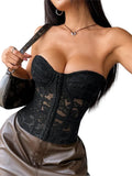 Romantic Light Pink Sheer Lace Strapless Corset with Floral Embroidery and Tie Detailing