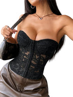 Romantic Light Pink Sheer Lace Strapless Corset with Floral Embroidery and Tie Detailing