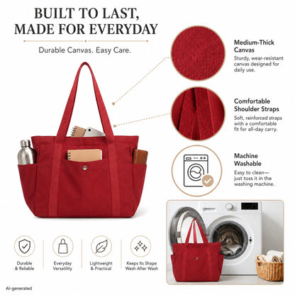 Multi Pocket Canvas Tote Shoulder Bag with Zip Closure Design