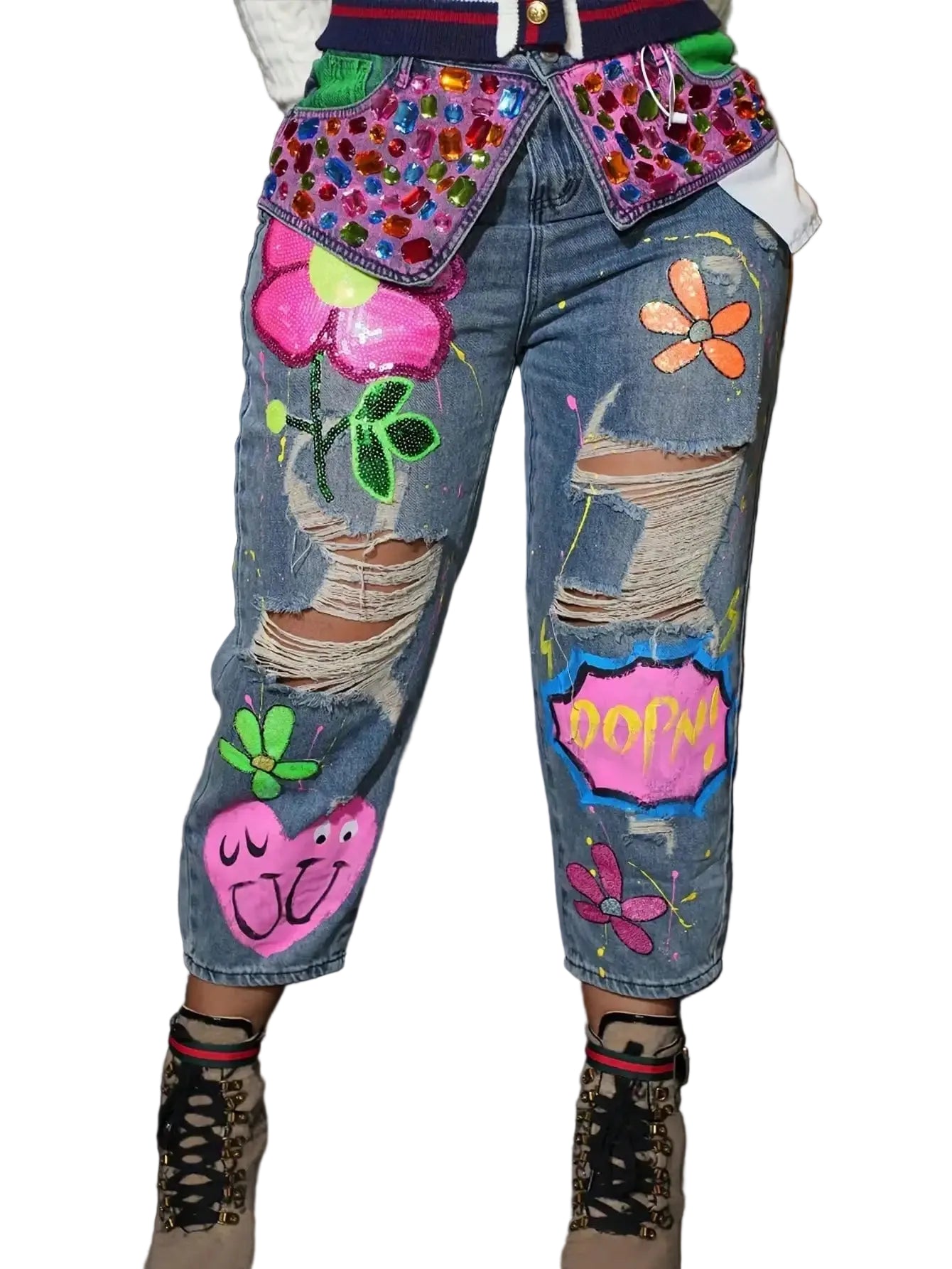Women's Mid-Rise Distressed Wide-Leg Denim Jeans with Decorative Patchwork Streetwear Style