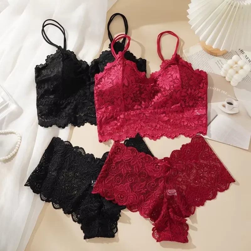 Botanical Embroidered Lace Racerback Bralette and Scalloped Lace Boyshort Set