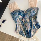 Embroidered Strapless Corset Top with Floral Artwork and Structured Fit
