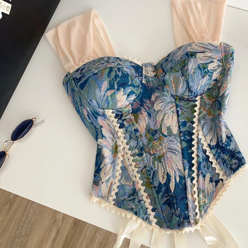Embroidered Strapless Corset Top with Floral Artwork and Structured Fit