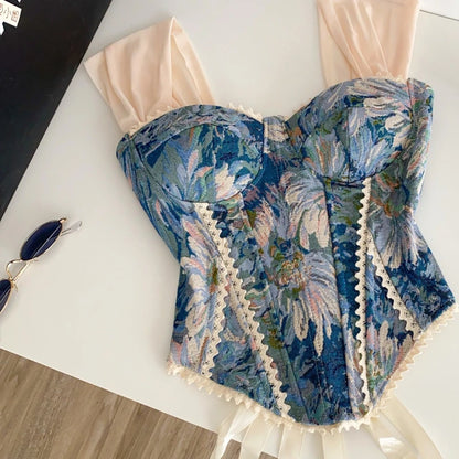 Embroidered Strapless Corset Top with Floral Artwork and Structured Fit