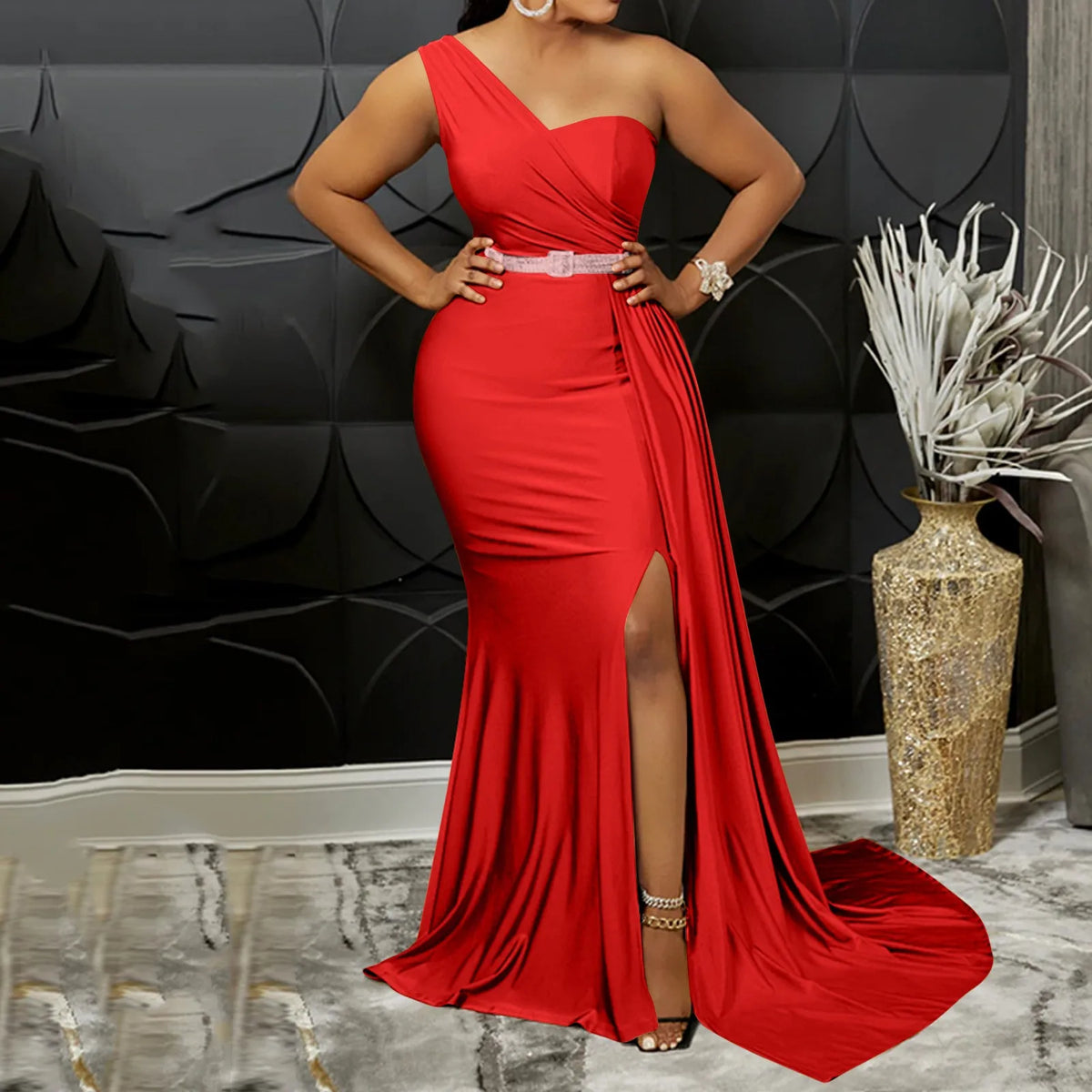 Vibrant Yellow One-Shoulder Evening Gown with Ruched Bodice and High Slit
