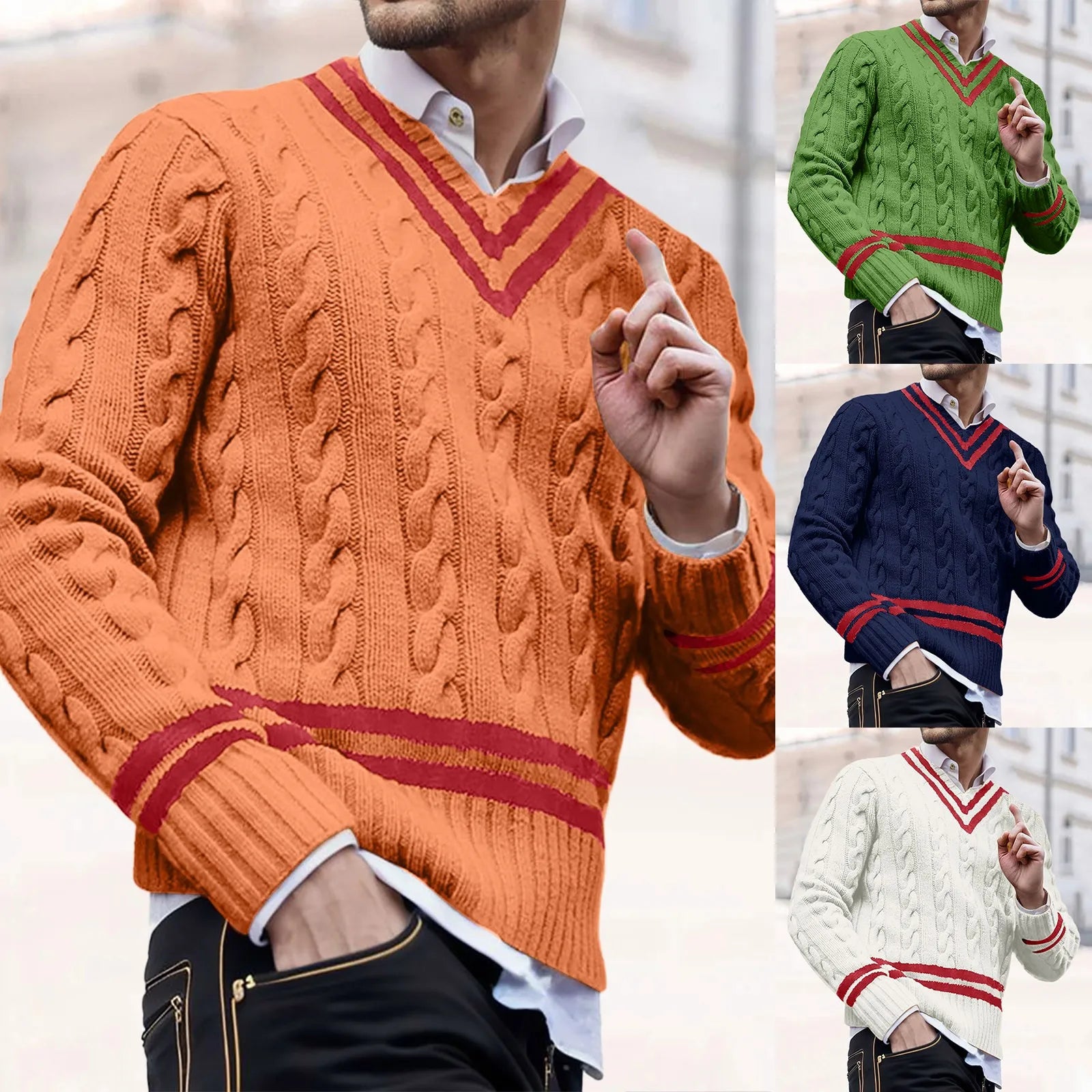 Men's Contrast Trim Cable Knit Relaxed Fit Streetwear Sweater Pullover