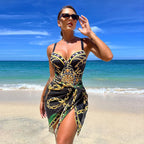 Royal Blue Baroque Print Swim Set with Structured Top and Matching Wrap Skirt