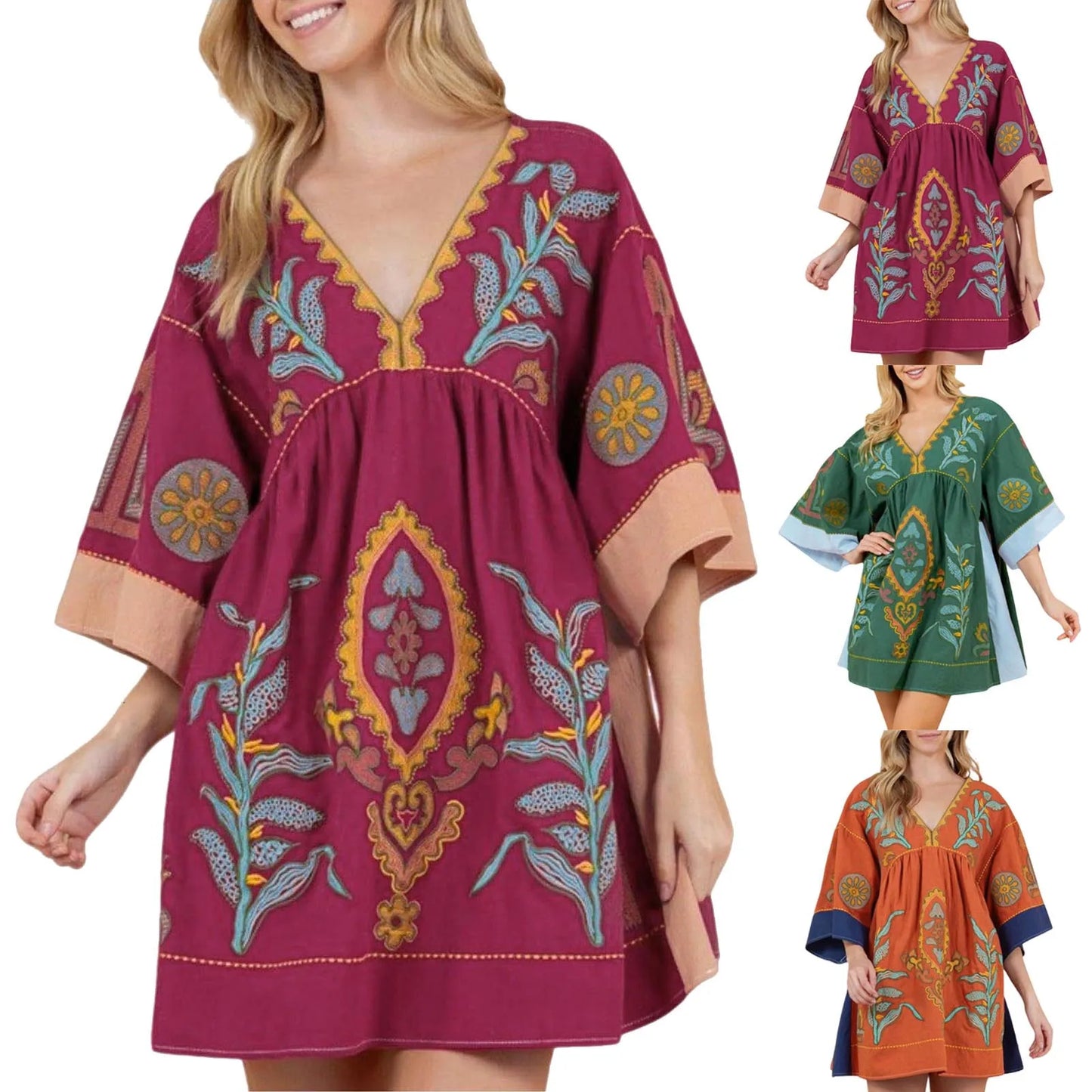 Embroidered Inspired Mini Dress with Relaxed Fit and V Neckline