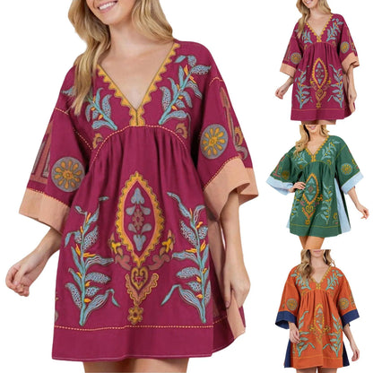 Embroidered Inspired Mini Dress with Relaxed Fit and V Neckline