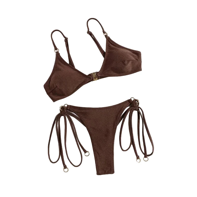 Chocolate Brown Triangle Bikini Set with Multi-String Details and Gold-Tone Rings