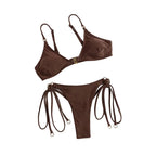 Chocolate Brown Triangle Bikini Set with Multi-String Details and Gold-Tone Rings