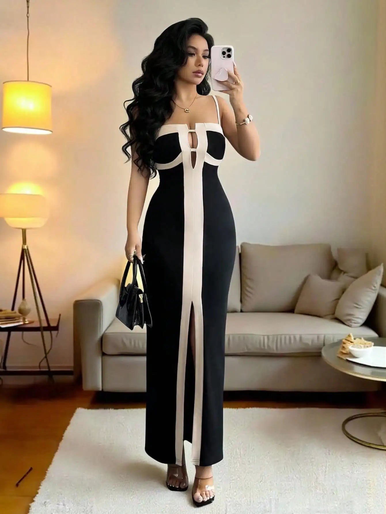 Sculpted Strapless Contrast Panel Evening Dress with Modern Elegance