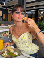 Sunny Yellow Floral Print Cami Bustier with Tie Straps and Flared Hem