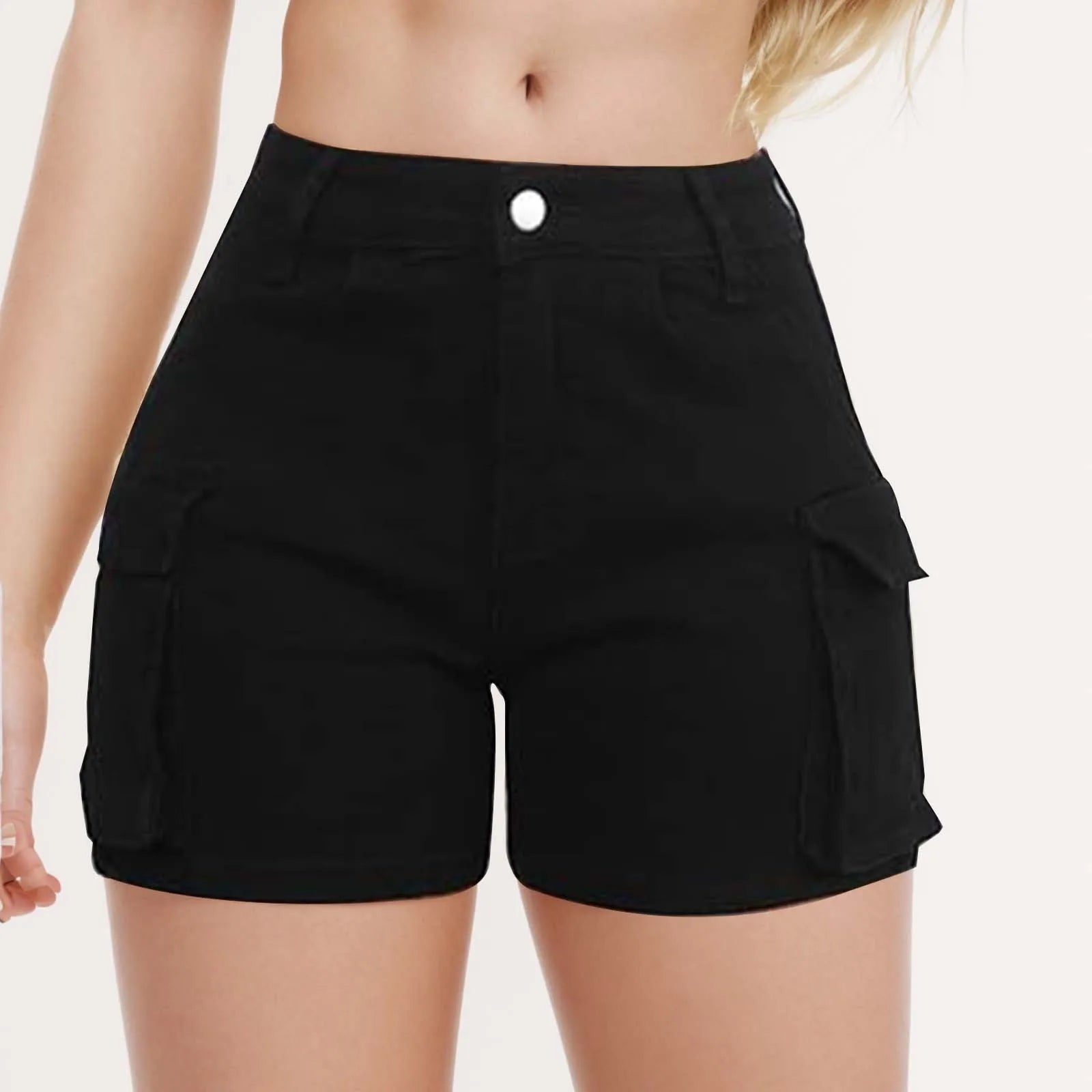 Women's High Waist Denim Style Shorts with Utility Pockets and Structured Everyday Fit