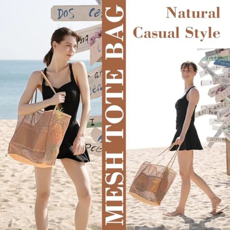 Open Weave Beach Tote Shoulder Bag with Lightweight Carry Design