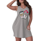 Plus Size Orange Coffee-Themed V-Neck Nightgown with Coffee Cup and Heart Print, Sleeveless Knee-Length Loungewear Dress