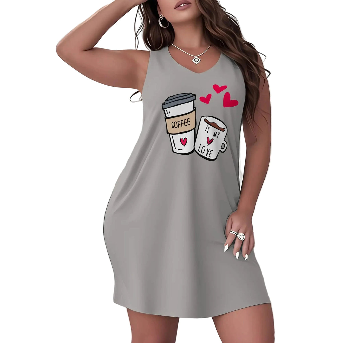 Plus Size Orange Coffee-Themed V-Neck Nightgown with Coffee Cup and Heart Print, Sleeveless Knee-Length Loungewear Dress