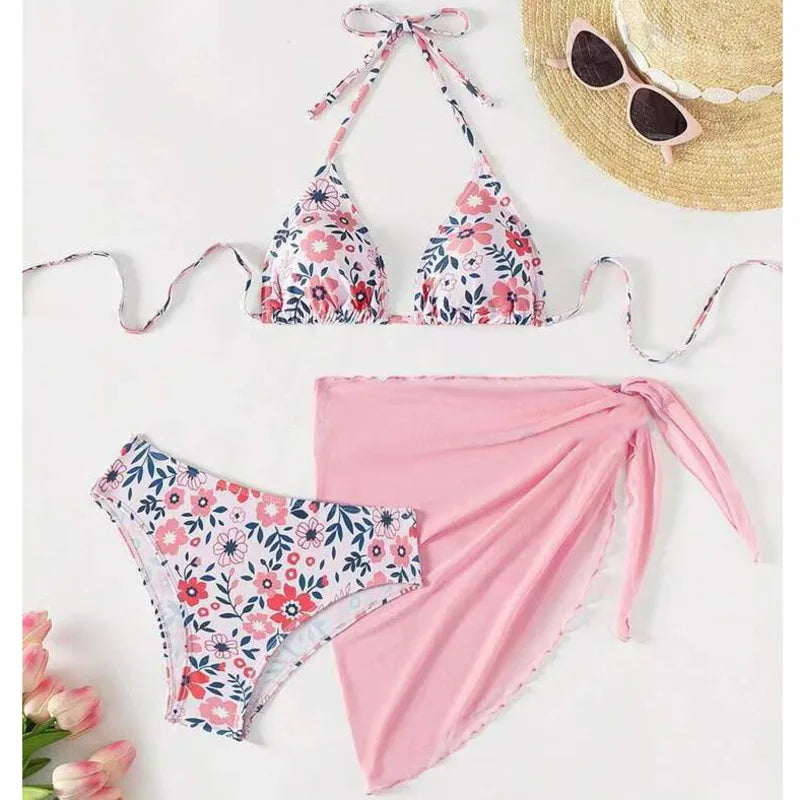 Three-Piece Pink Floral Triangle Bikini Set with Matching Sheer Sarong